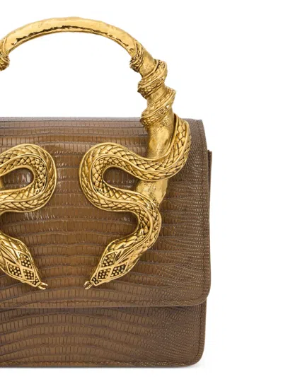 Roberto Cavalli Chain Strap Shoulder Bag With Snake Handle In Brown