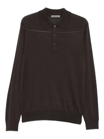 Corneliani Long-sleeved Polo Sweater In Brown