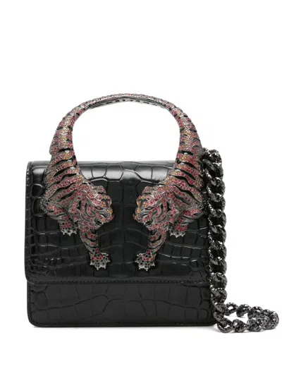 Roberto Cavalli Crocodile Texture Cross-body Bag With Chain Strap In Black