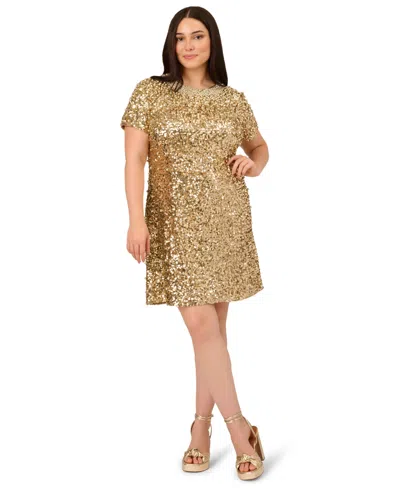 Adrianna Plus Size Beaded Mesh Short Sleeve Dress In Gold