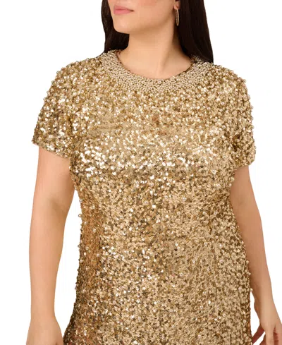 Adrianna Plus Size Beaded Mesh Short Sleeve Dress In Gold
