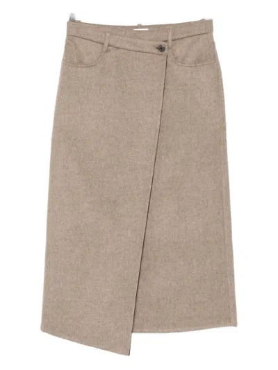 Brunello Cucinelli Asymmetric Brushed-wool Midi Wrap Skirt In Brown