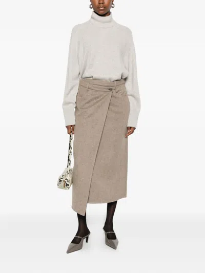 Brunello Cucinelli Asymmetric Brushed-wool Midi Wrap Skirt In Brown