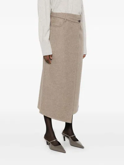 Brunello Cucinelli Asymmetric Brushed-wool Midi Wrap Skirt In Brown