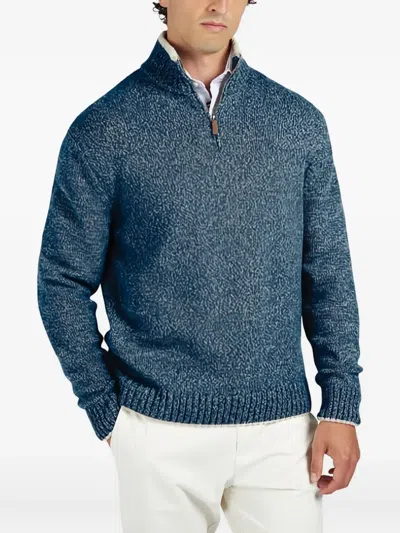 Paul & Shark Textured Knit Turtleneck Sweater With Half-zip Closure In Blue