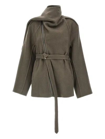 Rick Owens Asymmetric Belted Coat High Neck In Brown