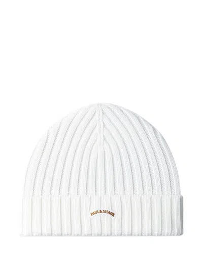 Paul & Shark Ribbed Beanie Hat In White