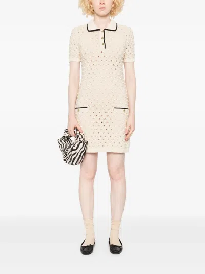 Frame The Bauble Piped Open-knit Cotton Mini Dress In Neutral