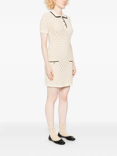 Frame The Bauble Piped Open-knit Cotton Mini Dress In Neutral