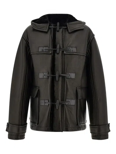 Ferragamo Hooded Toggle-fastening Leather Jacket In Brown