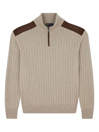 Paul & Shark Wool Cashmere Half Zip Sweater With Suede Details In Neutral