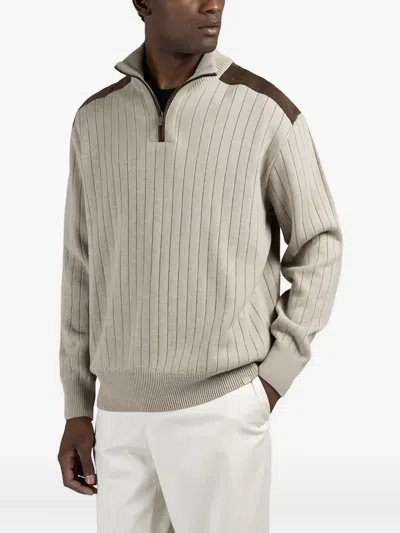 Paul & Shark Wool Cashmere Half Zip Sweater With Suede Details In Neutral