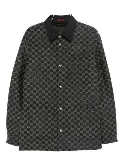 Gucci Collared Flannel Jacket Featuring Embroidered Pattern In Black