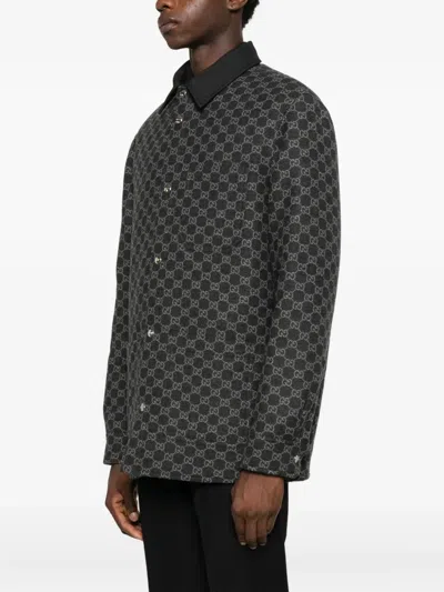 Gucci Collared Flannel Jacket Featuring Embroidered Pattern In Black