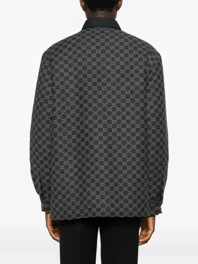 Gucci Collared Flannel Jacket Featuring Embroidered Pattern In Black