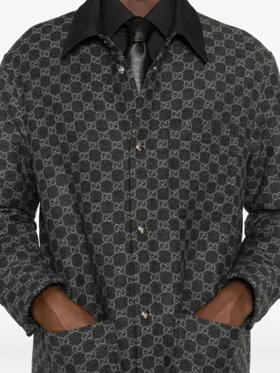 Gucci Collared Flannel Jacket Featuring Embroidered Pattern In Black