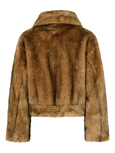 Stand Studio Cropped Faux Fur Jacket With Rounded Collar In Brown