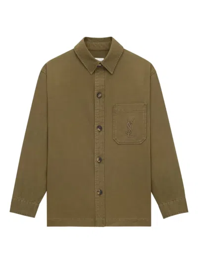Saint Laurent Green Shirt With Classic Collar And Cassandre Embroidery On The Front In Cotton Man