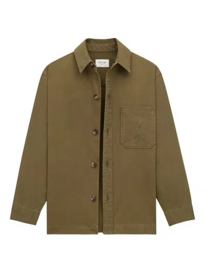 Saint Laurent Green Shirt With Classic Collar And Cassandre Embroidery On The Front In Cotton Man