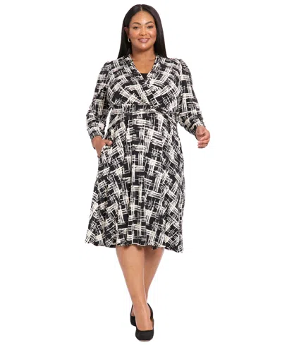 London Times Plus Size Printed Long Sleeve Midi Dress In Multi