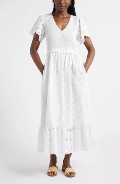 Caslon ® Eyelet Smocked Flutter Sleeve Maxi Dress In White