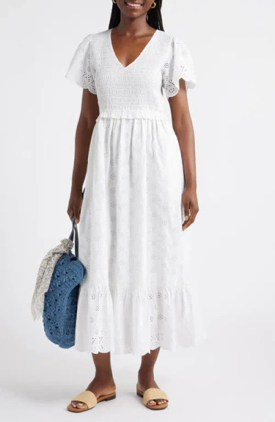 Caslon ® Eyelet Smocked Flutter Sleeve Maxi Dress In White