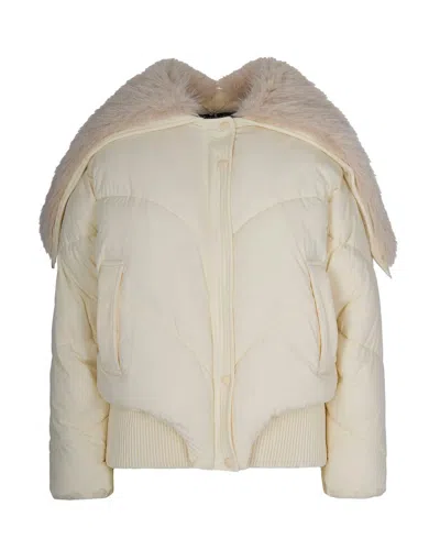 Patrizia Pepe Oversized Short Bomber Jacket With Fluffy Collar In Wooly White In Neutral