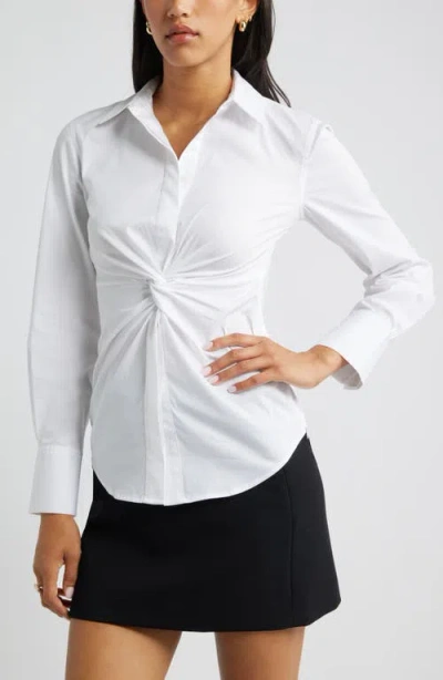 Open Edit Twist Front Stretch Cotton Blend Button-up Shirt In White