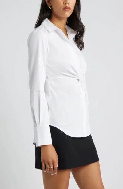 Open Edit Twist Front Stretch Cotton Blend Button-up Shirt In White
