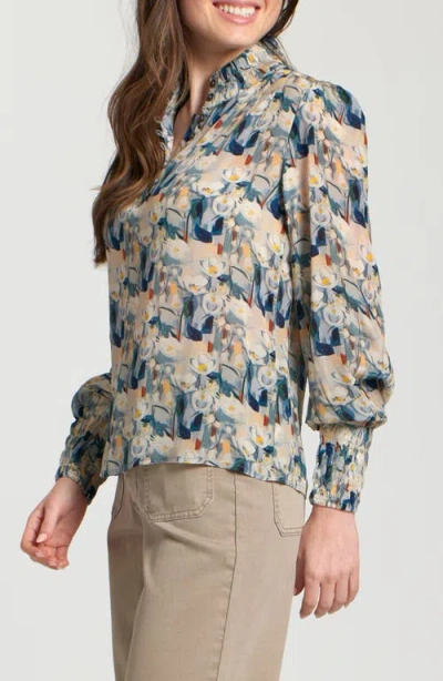 Apny Puff Shoulder Button Front Top In Multi