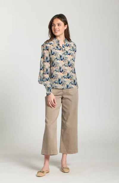 Apny Puff Shoulder Button Front Top In Multi