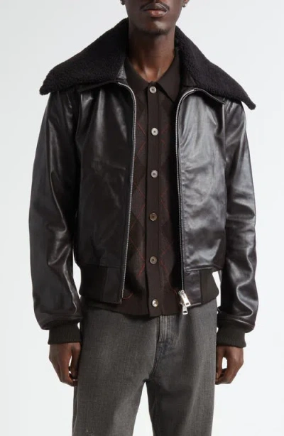 Our Legacy Pharos Leather Bomber Jacket With Removable Genuine Shearling Collar In Black