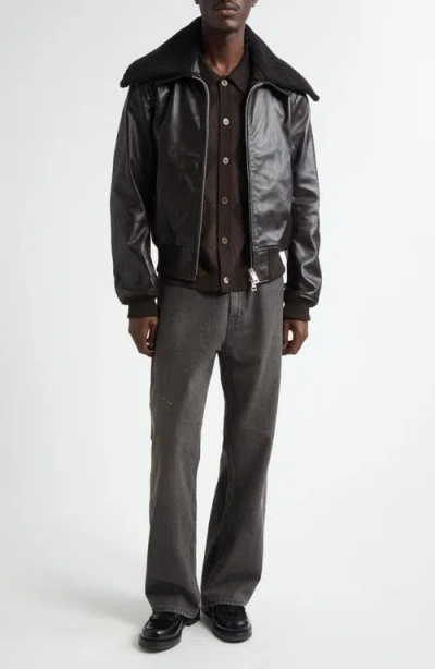 Our Legacy Pharos Leather Bomber Jacket With Removable Genuine Shearling Collar In Black