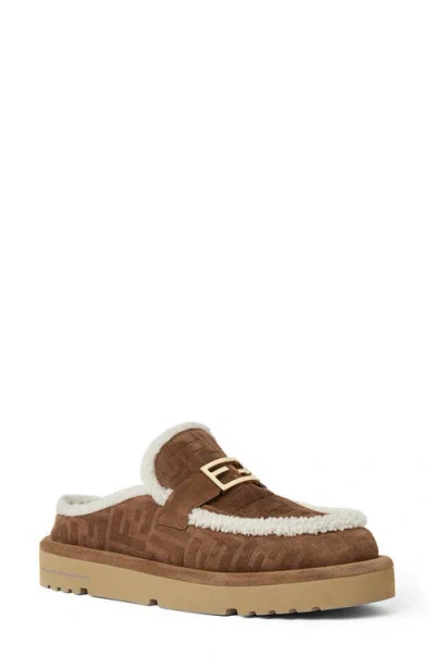 Fendi Women Beige Mules With Logo Lettering On The Rear And Ff Buckle In Suede Woman In Brown