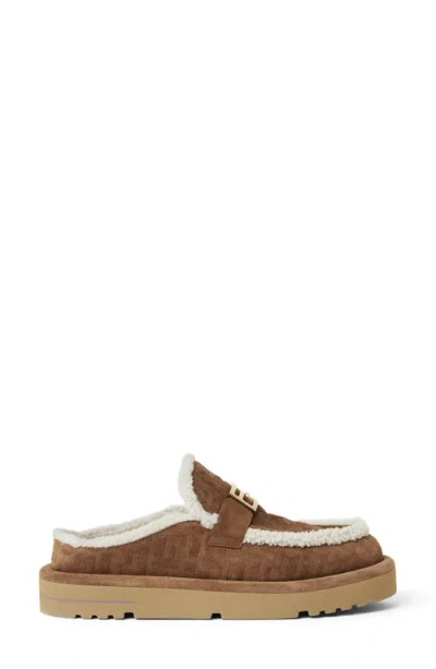 Fendi Women Beige Mules With Logo Lettering On The Rear And Ff Buckle In Suede Woman In Brown