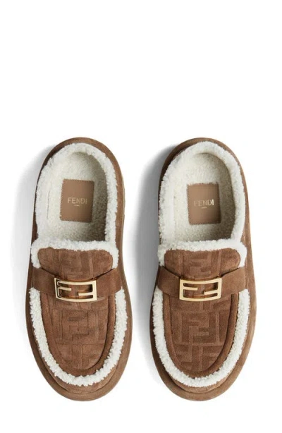 Fendi Women Beige Mules With Logo Lettering On The Rear And Ff Buckle In Suede Woman In Brown