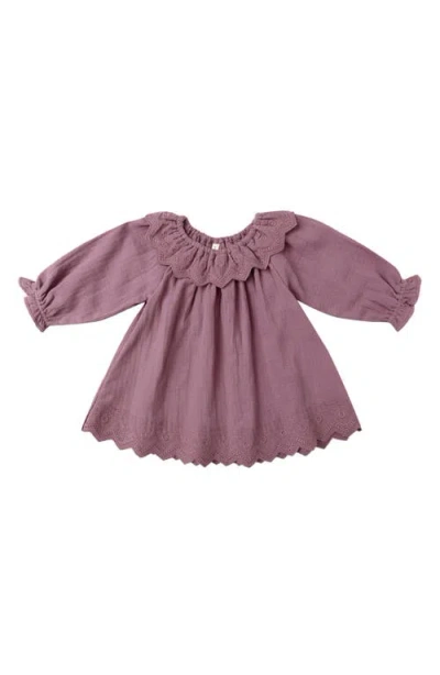 Quincy Mae Isla Embroidered Long Sleeve Cotton Dress In Purple