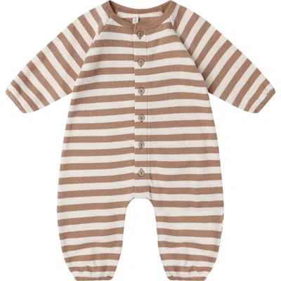 Quincy Mae Stripe Waffle Knit Organic Cotton Romper In Brown