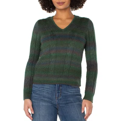 Liverpool Los Angeles V Neck Cable Knit Sweater In Green
