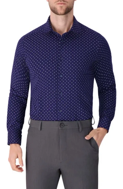 Victor Emmanuel Regular Fit Navy Geometric Print Knit Cotton Dress Shirt In Blue