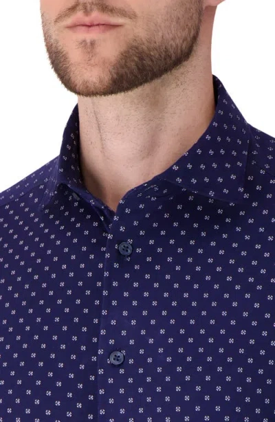 Victor Emmanuel Regular Fit Navy Geometric Print Knit Cotton Dress Shirt In Blue