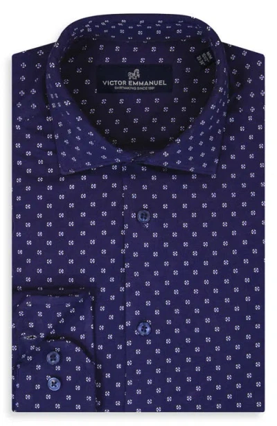 Victor Emmanuel Regular Fit Navy Geometric Print Knit Cotton Dress Shirt In Blue
