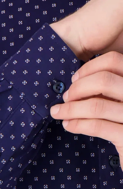 Victor Emmanuel Regular Fit Navy Geometric Print Knit Cotton Dress Shirt In Blue