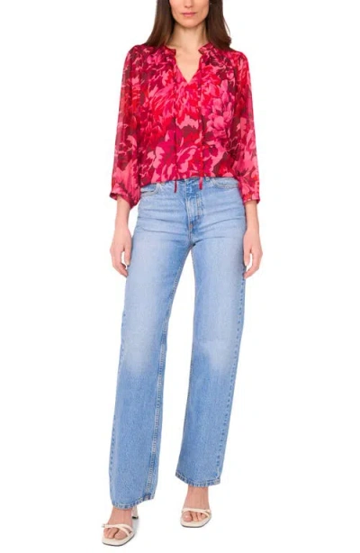 Vince Camuto Floral Print Tie Neck Top In Red