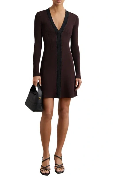 Reiss Burgundy/black Craft-stitch Rib-knit Mini Dress In Purple