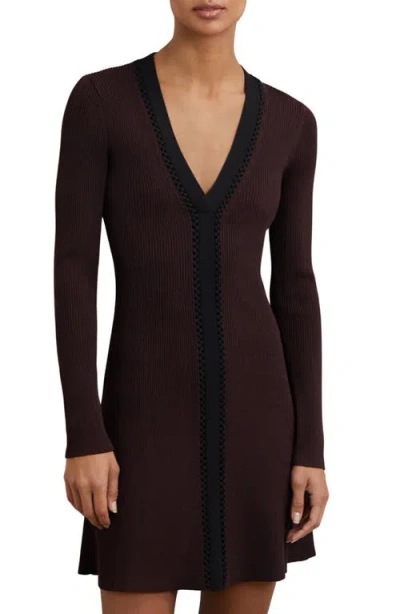 Reiss Burgundy/black Craft-stitch Rib-knit Mini Dress In Purple