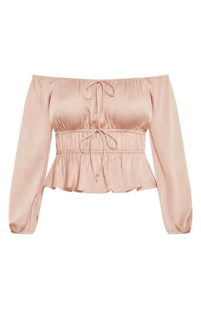 City Chic Georgie Shirred Satin Top In Neutral