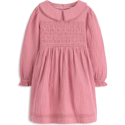 Mini Boden Kids' Smocked Long Sleeve Cotton Gauze Dress In Pink
