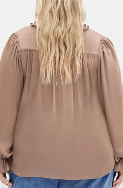 City Chic Maia Ruffle Fluted Sleeve Satin Top In Brown