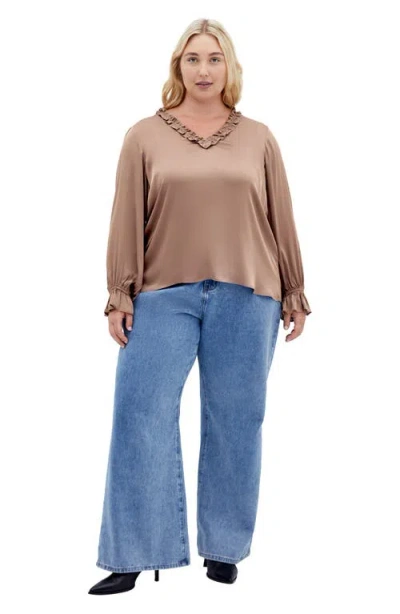 City Chic Maia Ruffle Fluted Sleeve Satin Top In Brown